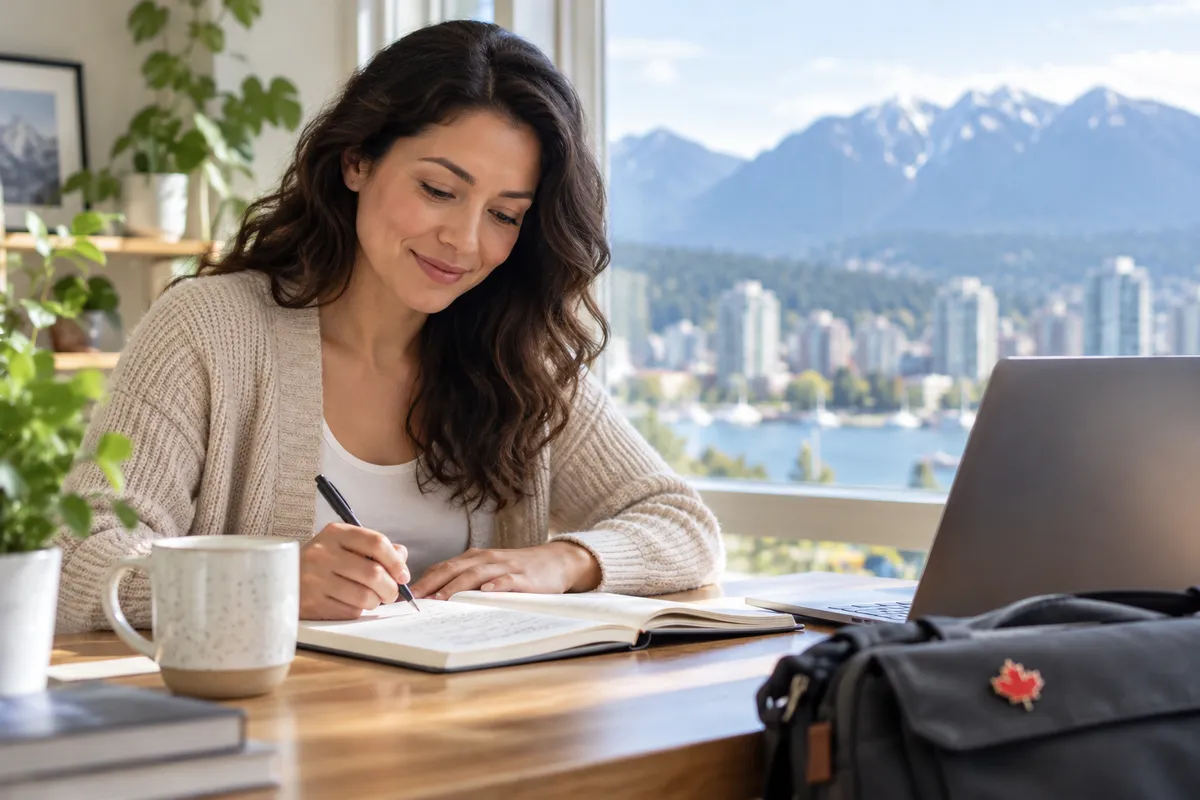 A test-taker reviewing feedback on her writing by a window with mountains outside