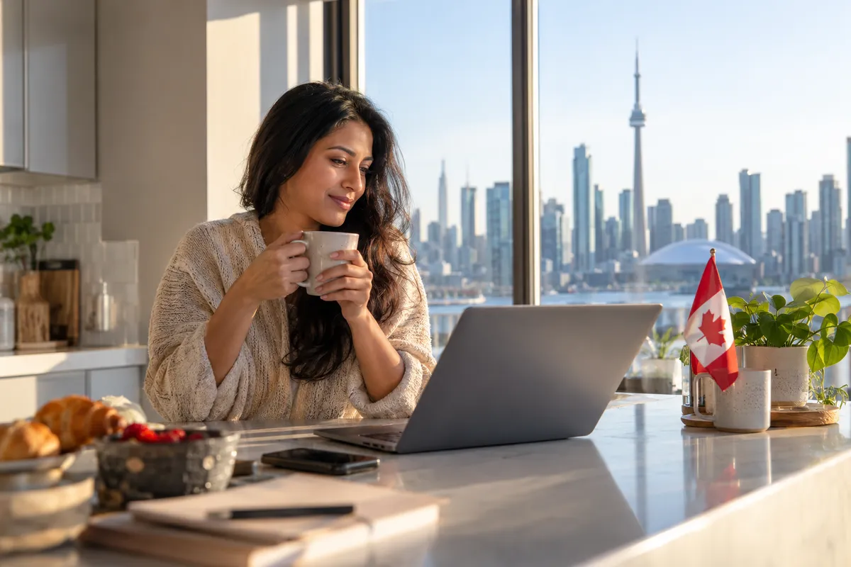 A test-taker with a coffee practising on her laptop, the Toronto skyline behind her