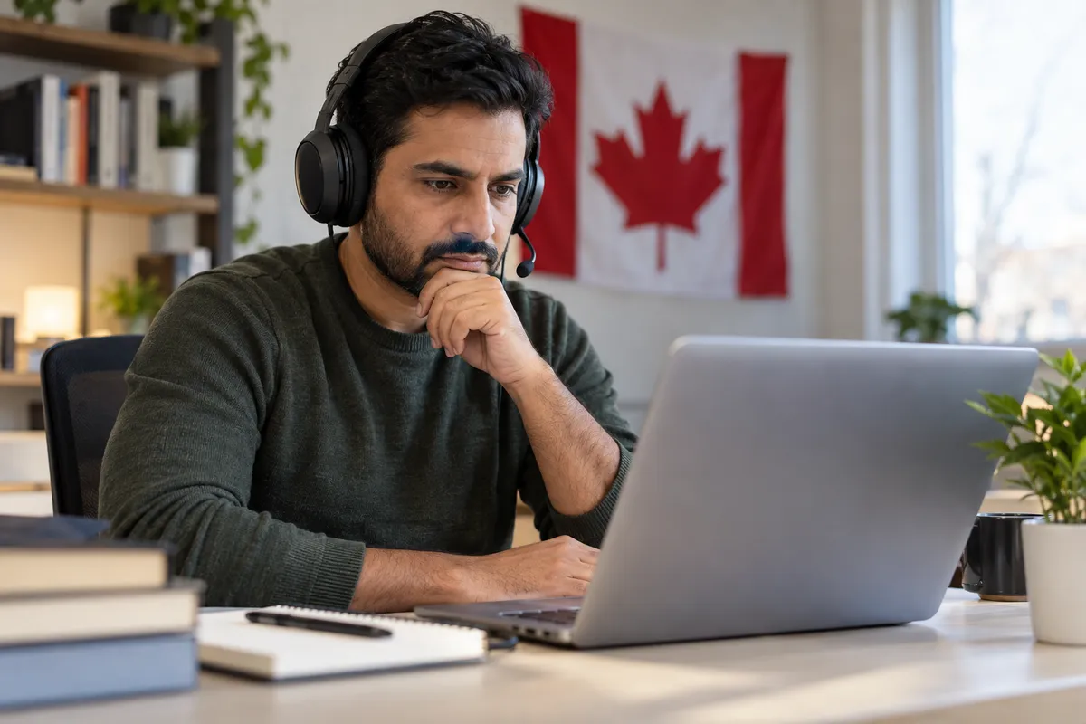 A test-taker in a headset concentrating on a timed practice test