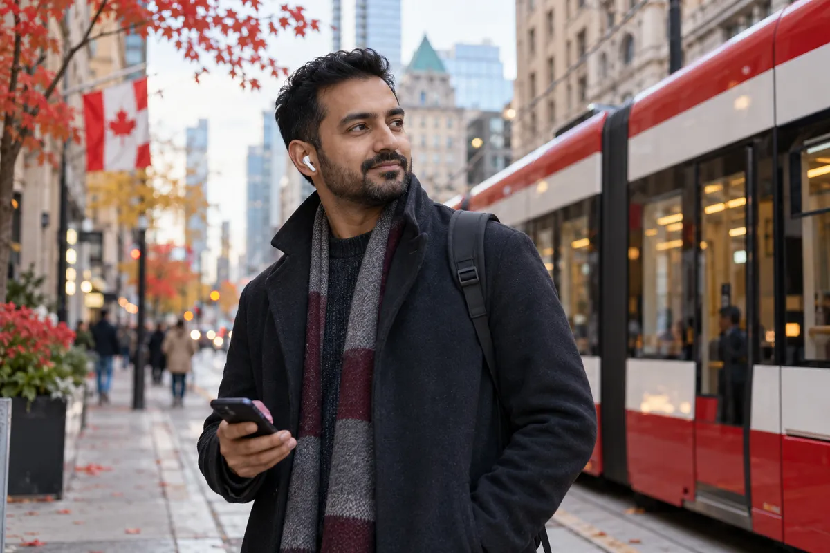 A commuter listening on his phone next to a Toronto streetcar