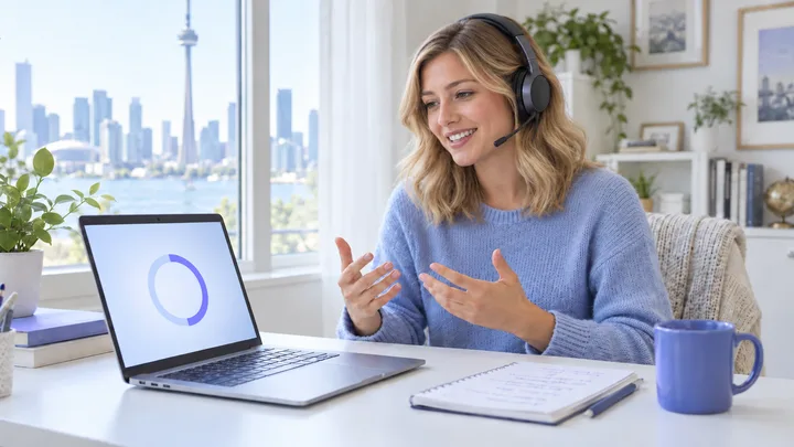 A test-taker with a headset answering a timed speaking task on a laptop