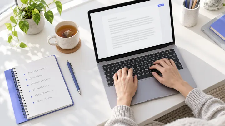 Hands typing an email on a laptop beside a point-form plan