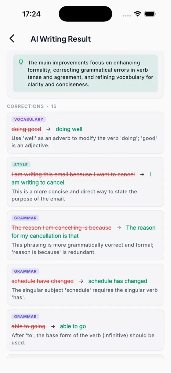 List of AI corrections, each with a reason