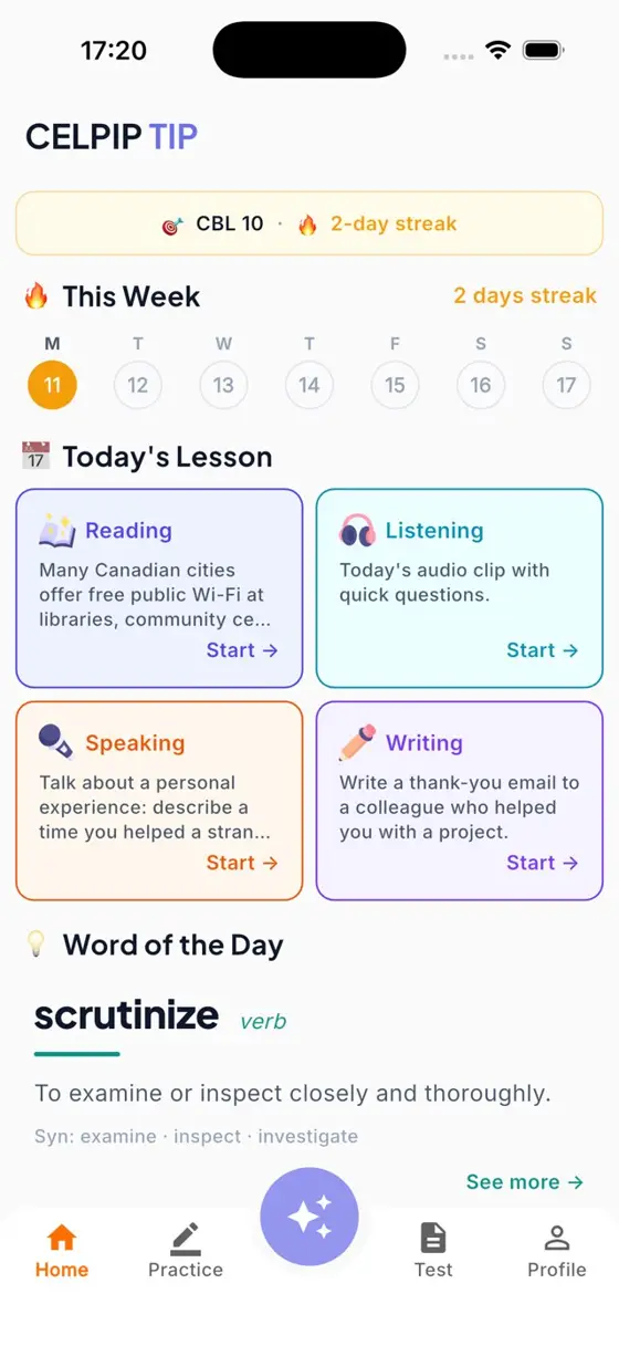 Home screen with a weekly streak and today's lesson for all four skills