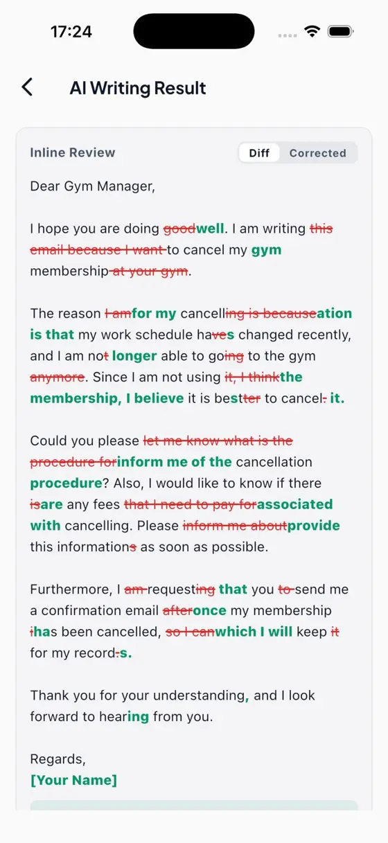 AI Writing Result with inline corrections