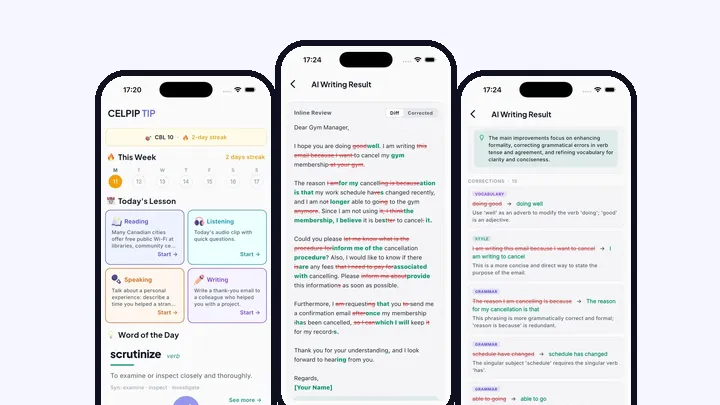 Three CELPIP TIP app screens: home, AI writing result and corrections