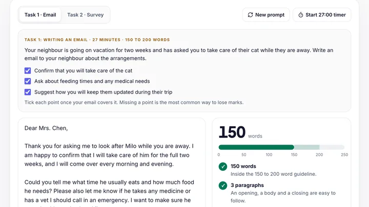The CELPIP Writing checker with a Task 1 prompt, an answer and a green word-count meter